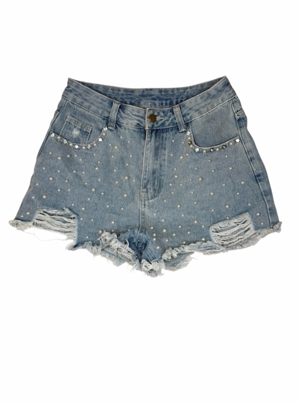 Women’s Distressed Pearl Rhinestone Denim Shorts Light Wash Frayed Hem Size M